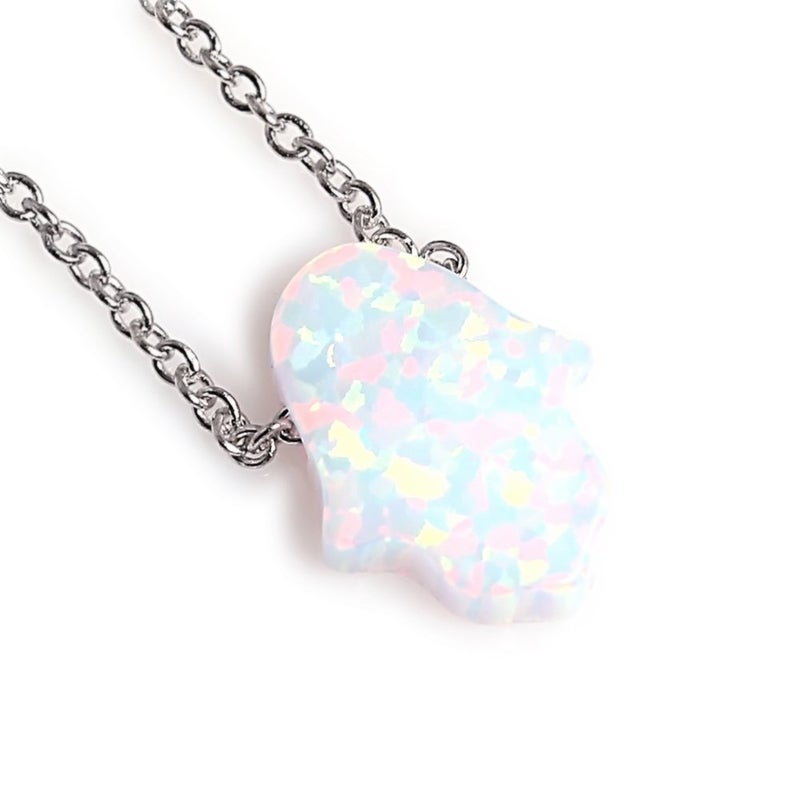 Kaletine Hamsa Hand of Fatima Necklace Sterling Silver White Synthetic Opal Pendant 11x13mm Cable Chain 16"/17"/18" - Image 1